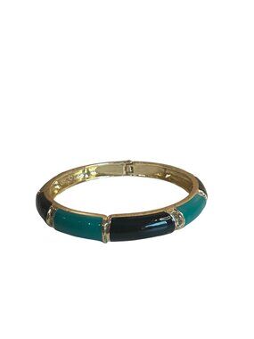 Enamel Hinged Bangle Bracelet Black & Teal Panels Rhinestone Accents Elegant